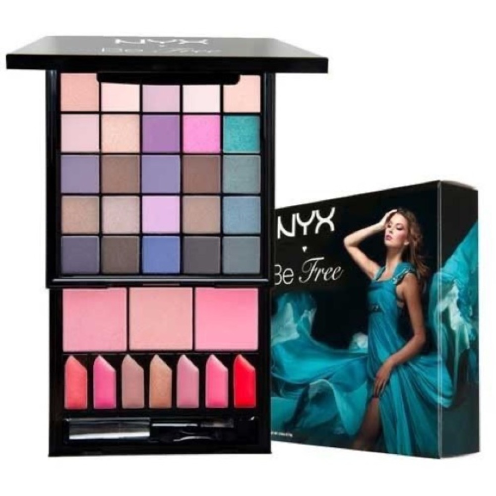 NYX Be Free Collection of 25 Eye Shadows 3 Blushes, 7 Lip Glosses New in box!